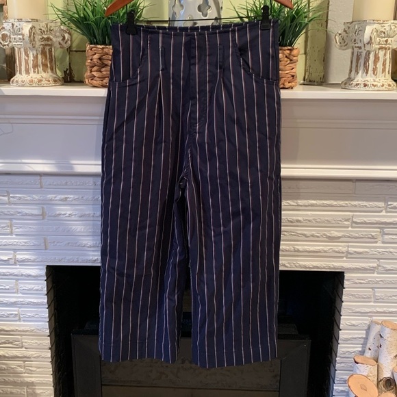 LEITH Navy Striped High Waist Stretch Wide Leg Cropped Pants Size Large - Picture 2 of 8